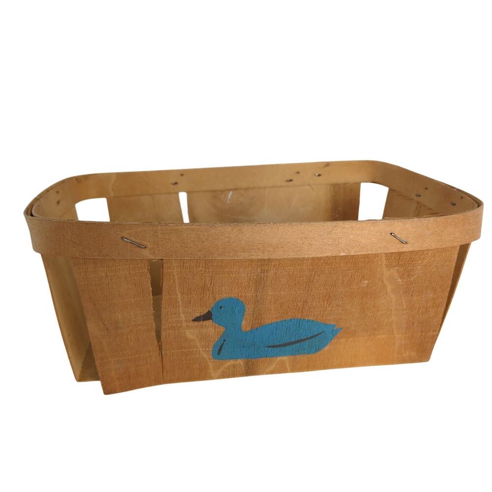 Vintage Folk Art Berry Fruit Wooden-Slat Basket Handpainted Blue Duck 10.5x7x4"